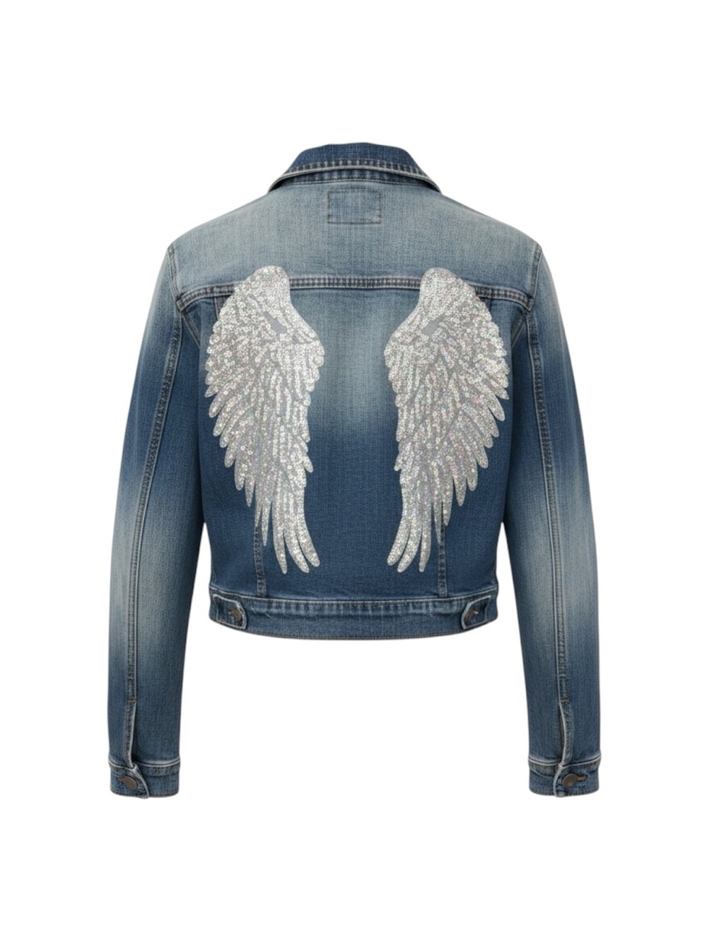 Sequin Angel Wing Embellished Denim Jacket Women’s M Distressed Trucker